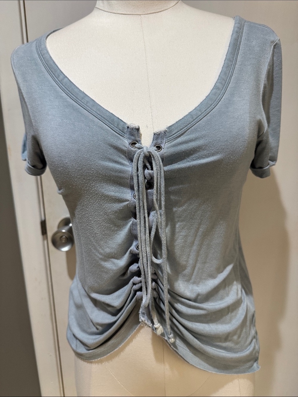 American Eagle Outfitters Lace-Up Short Sleeve Top in Dusty Blue